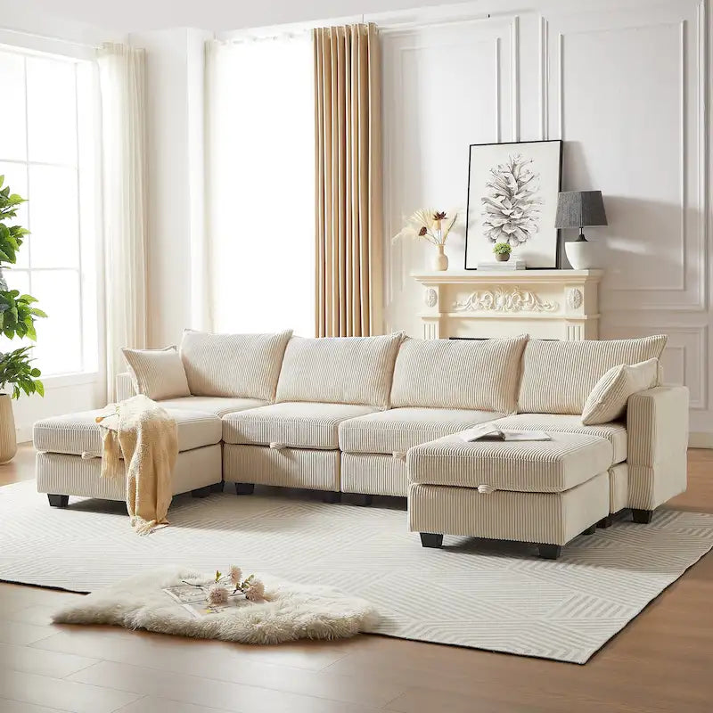 6-Piece Convertible Corduroy Modular Sectional Sofa with Storage Seats, 2 Removable Ottomans, Free Combination