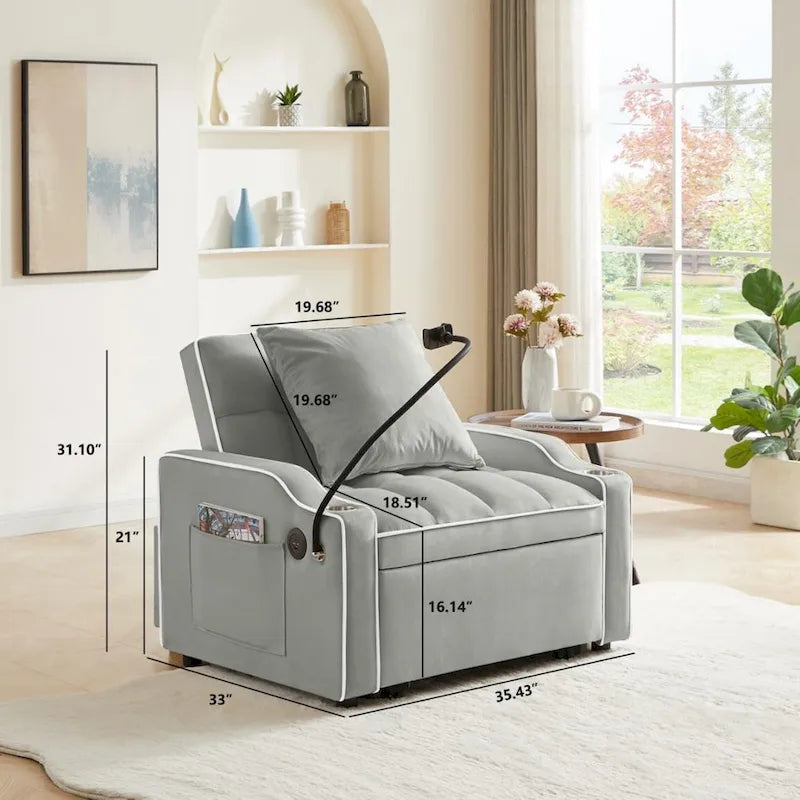 3-in-1 Sofa Bed, Convertible Sleeper Chair Sofa Bed Adjustable Pull Out Sleeper Chair Bed Multi-Pockets Folding Sofa Bed