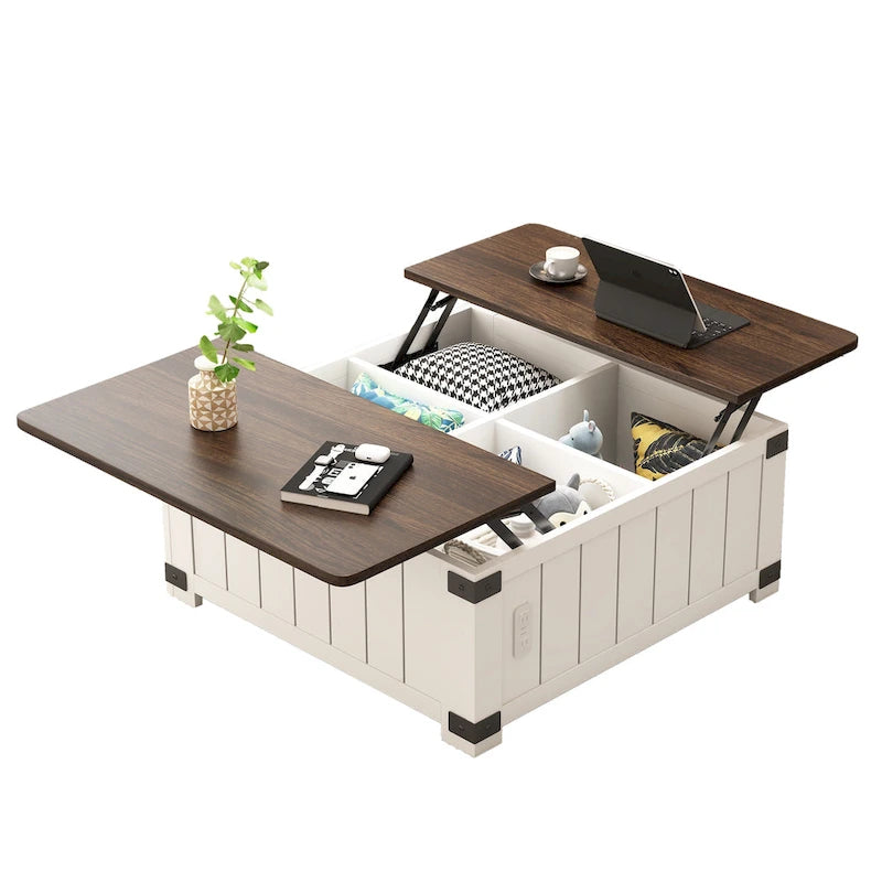 Farmhouse Lift-Top Coffee Table with Storage, USB Ports, and Charging Station