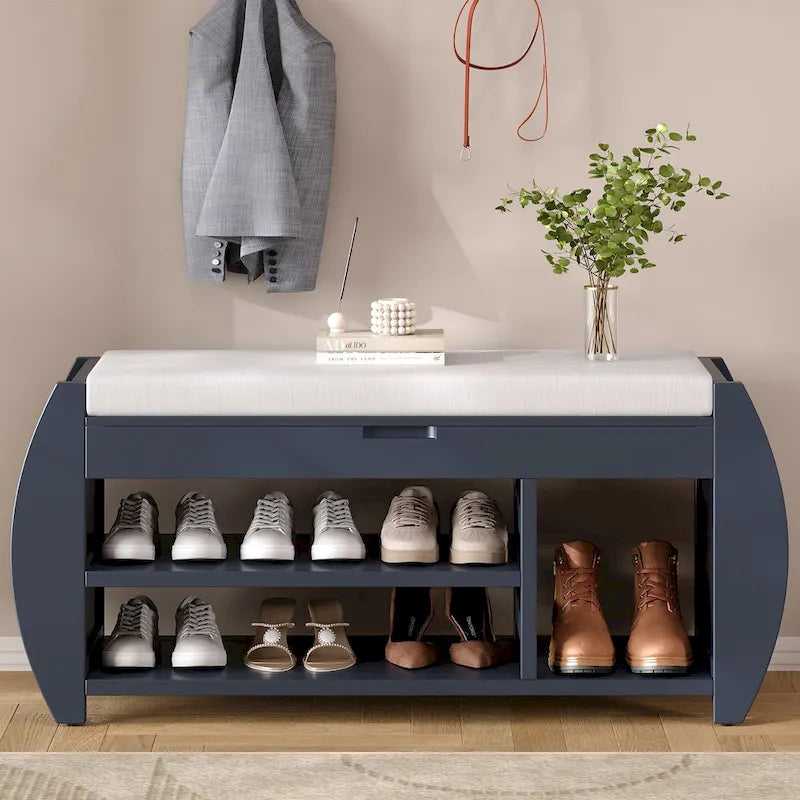 Multifunctional Storage Bench with Cushion and Curved Side Panel for Entrance and Living Room