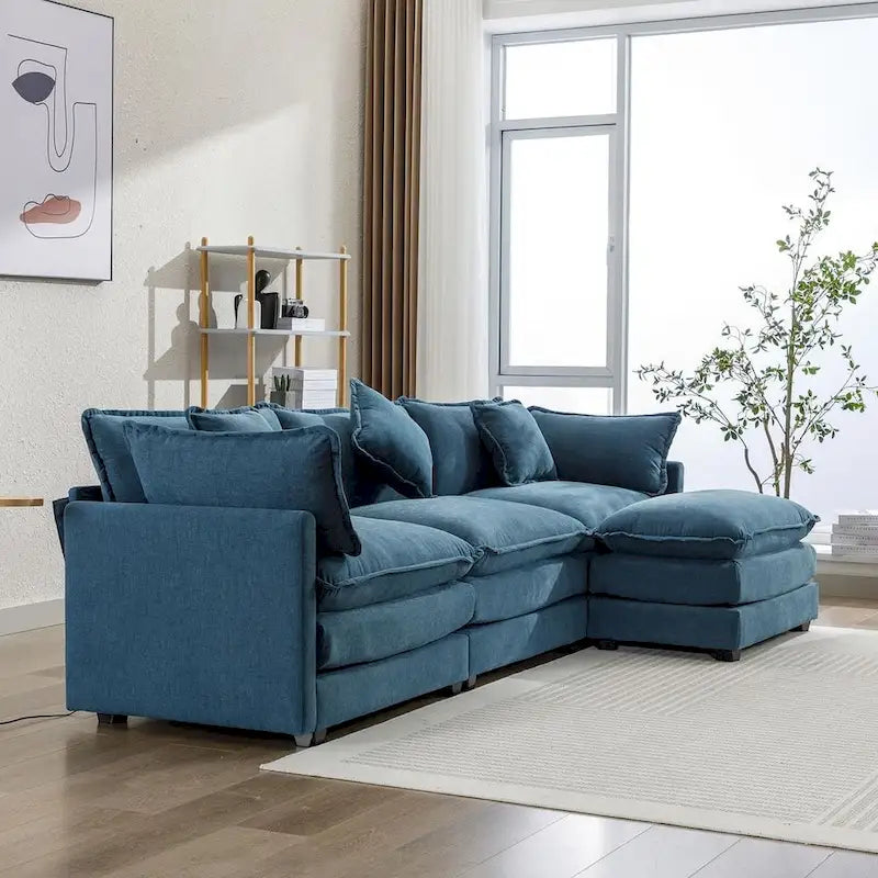 112 Modern L-Shape Chenille Upholstered Sofa with 5 Pillows