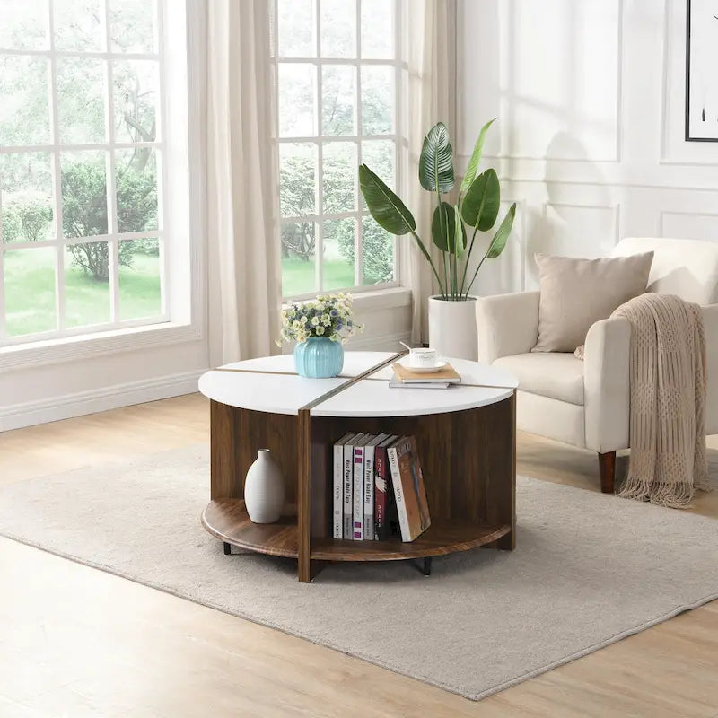 Industrial-style round coffee table with two layers of storage space