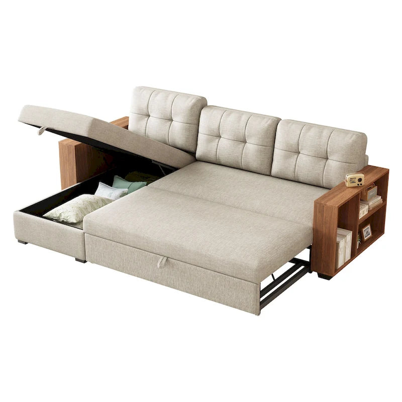 Convertible Sectional Sofa with Pull-Out Bed and Hidden Storage Chaise