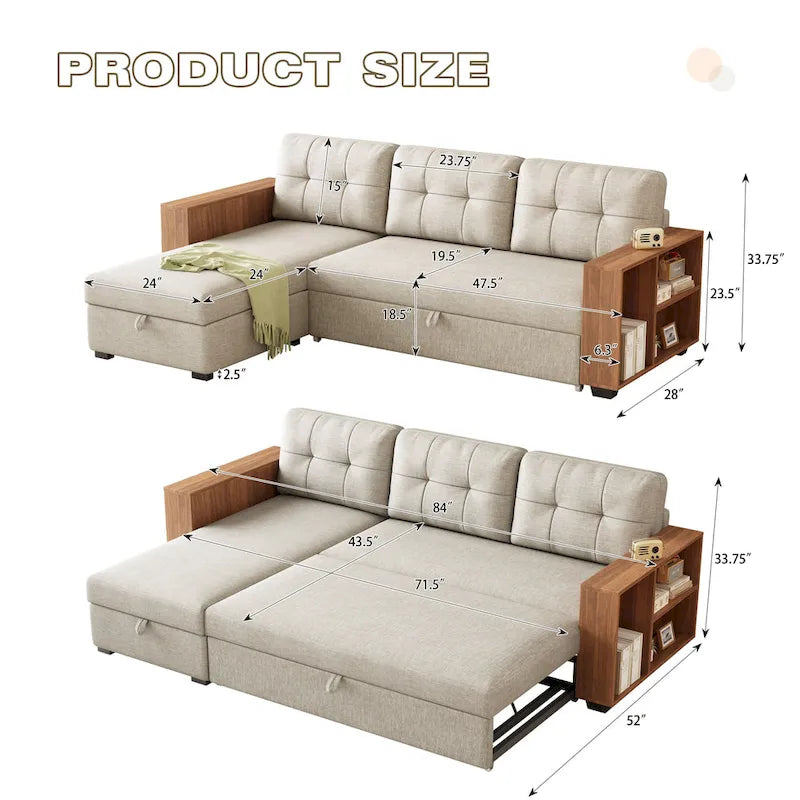 Convertible Sectional Sofa with Pull-Out Bed and Hidden Storage Chaise