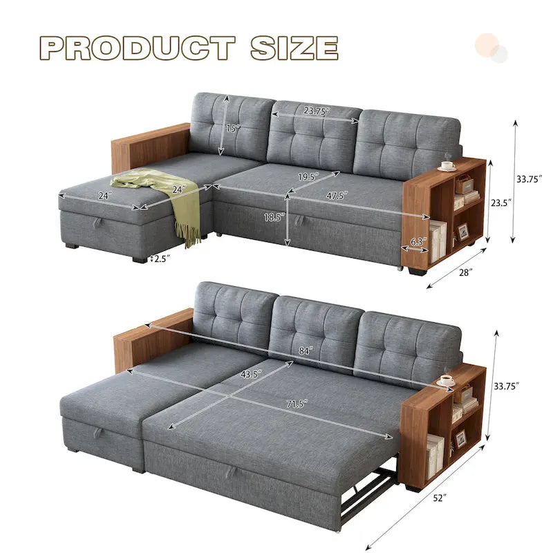 Convertible Sectional Sofa with Pull-Out Bed and Hidden Storage Chaise