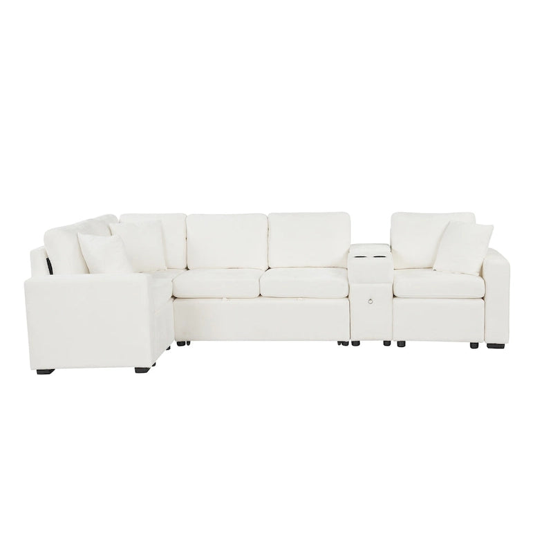 120.5 Chenille L-Shaped Sectional Sofa Bed with Storage & Cup Holders