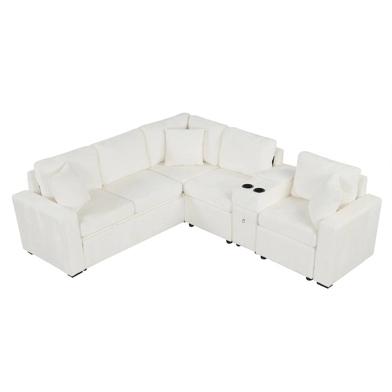 120.5 Chenille L-Shaped Sectional Sofa Bed with Storage & Cup Holders