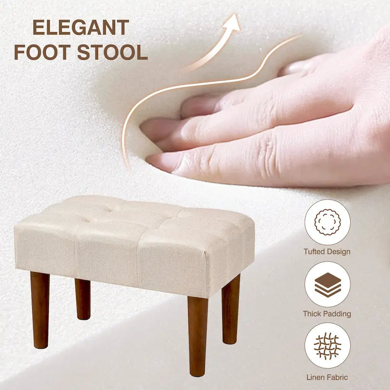 Small Foot Stool Ottoman, Linen Ottoman Foot Rest with Legs, Rectangle Upholstered Footrest for Couch, Living Room, Under Desk