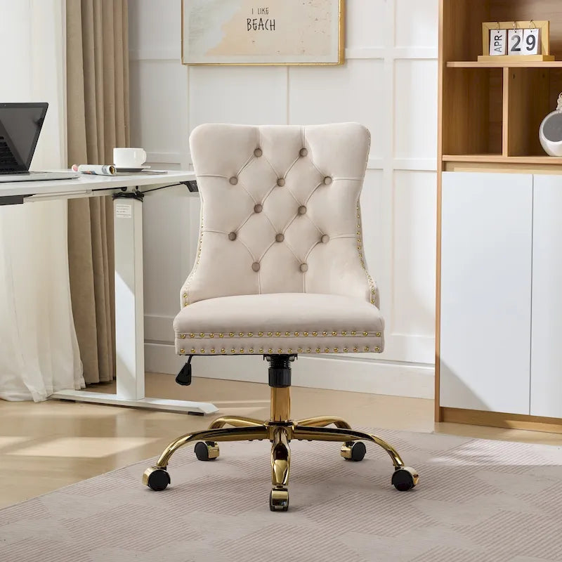 A&A Gray Velvet Tufted Home Office Chair with Golden Metal Base - Adjustable Swivel Desk Chair