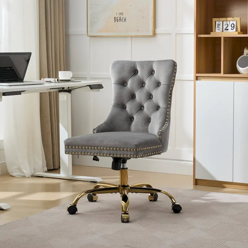 A&A Gray Velvet Tufted Home Office Chair with Golden Metal Base - Adjustable Swivel Desk Chair