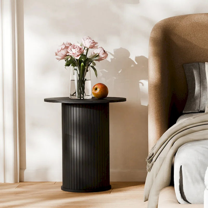 Wood Grain Round Tambour Side Table for Living Room & Bedroom