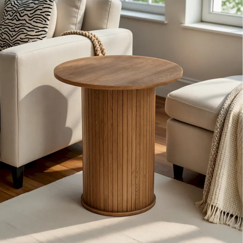 Wood Grain Round Tambour Side Table for Living Room & Bedroom