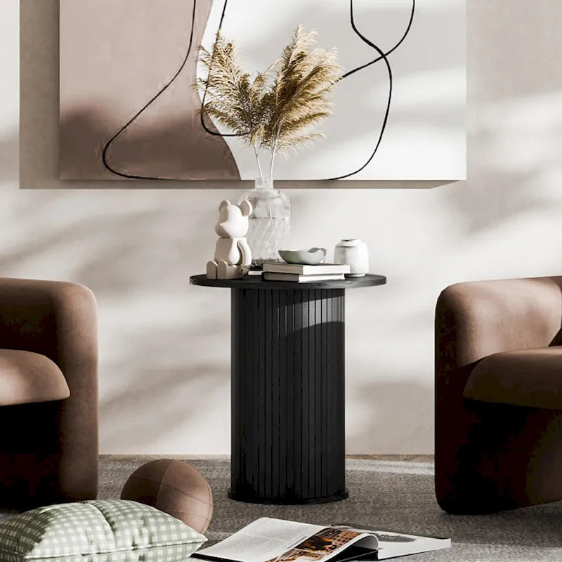 Wood Grain Round Tambour Side Table for Living Room & Bedroom