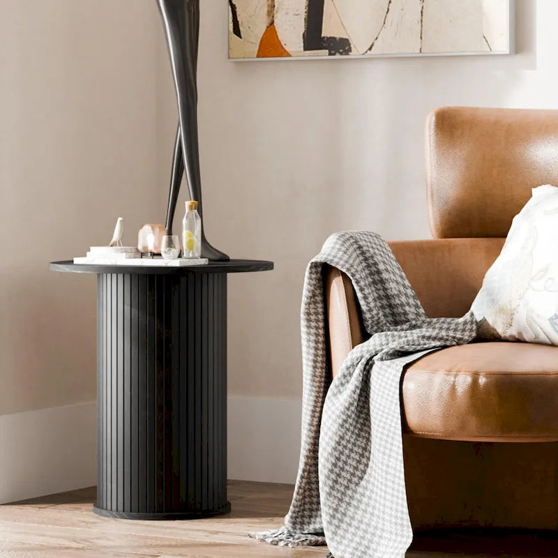 Wood Grain Round Tambour Side Table for Living Room & Bedroom