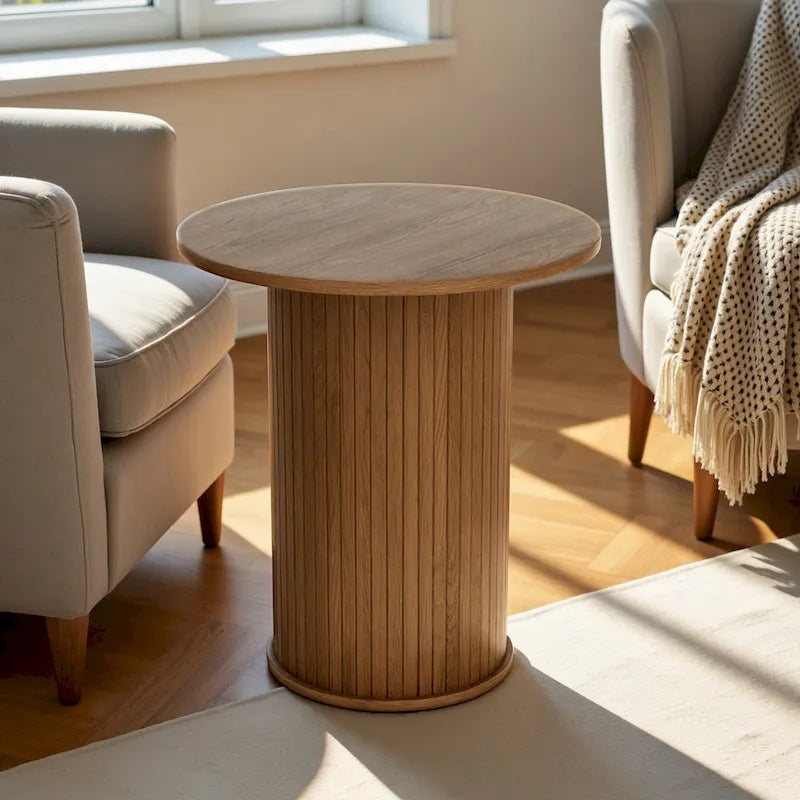 Wood Grain Round Tambour Side Table for Living Room & Bedroom