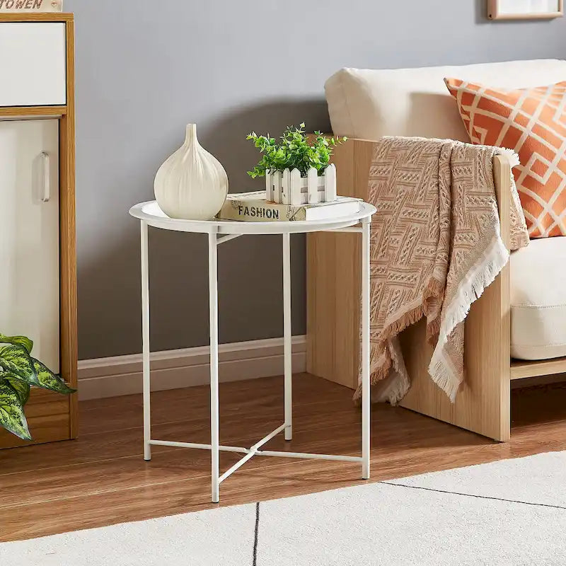 Folding Round TV Tray Table, Small Round Steel Side Table, No Assembly Required - 18.5 x 18.5 x 19.7 in