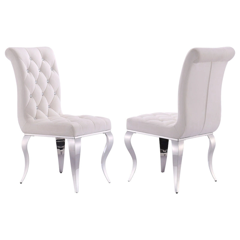 Velvet Upholstered Chairs with Crystal Decor Button Tufted back and Mirror metal Cabriole Legs
