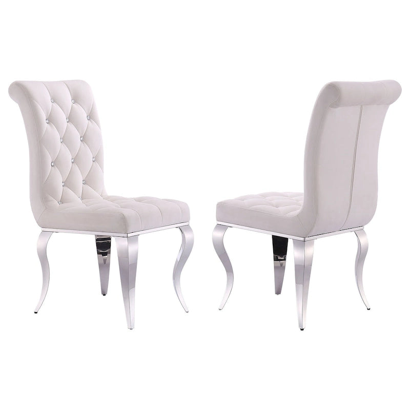 Velvet Upholstered Chairs with Crystal Decor Button Tufted back and Mirror metal Cabriole Legs