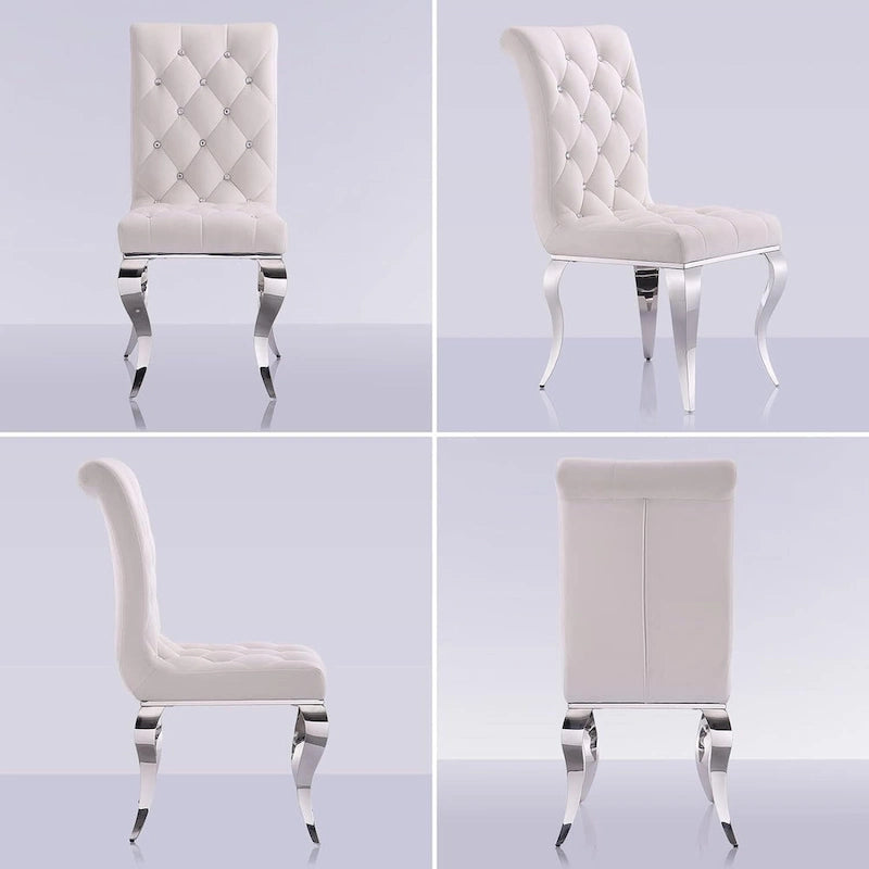 Velvet Upholstered Chairs with Crystal Decor Button Tufted back and Mirror metal Cabriole Legs