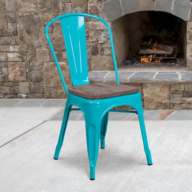 Metal Stackable Chair with Wood Seat - 17.75W x 20D x 33.5H - 17.75W x 20D x 33.5H