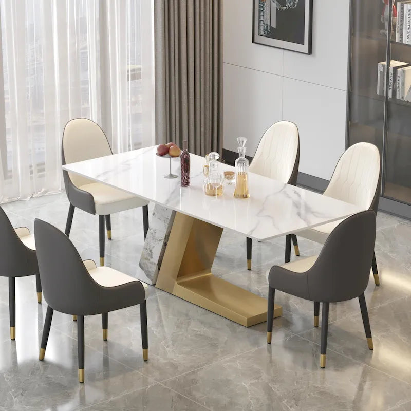 Modern Slate Kitchen Dining Table with White Rectangle Sintered Stone Top and Metal Legs -- 63/71/79