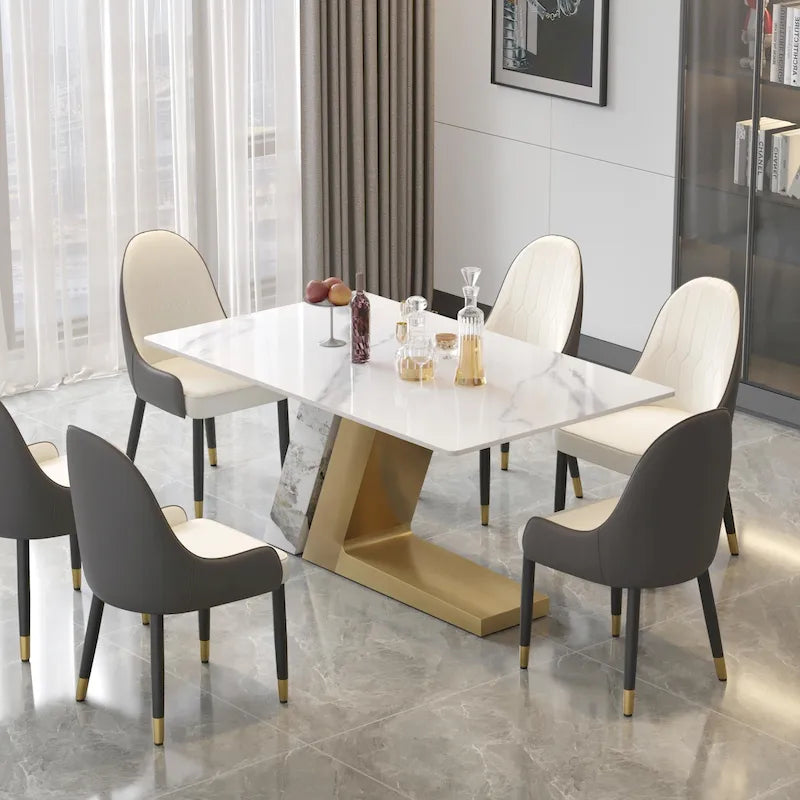 Modern Slate Kitchen Dining Table with White Rectangle Sintered Stone Top and Metal Legs -- 63/71/79
