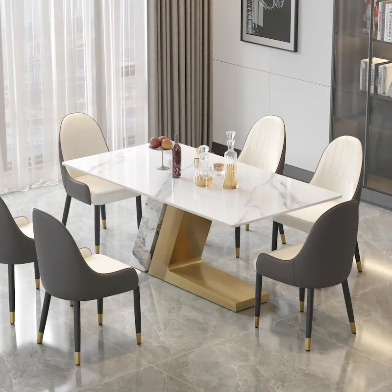 Modern Slate Kitchen Dining Table with White Rectangle Sintered Stone Top and Metal Legs -- 63/71/79