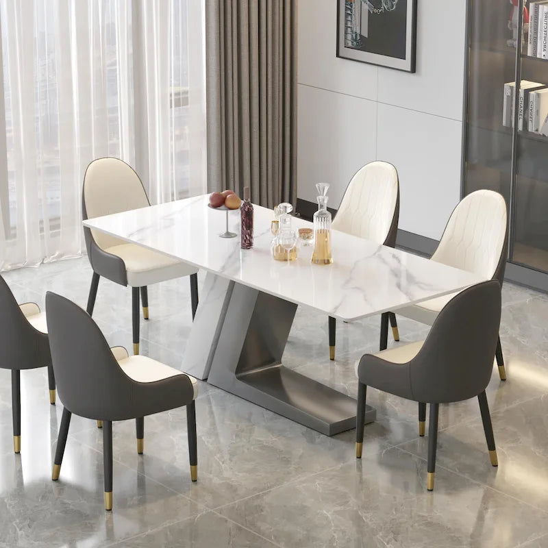 Modern Slate Kitchen Dining Table with White Rectangle Sintered Stone Top and Metal Legs -- 63/71/79