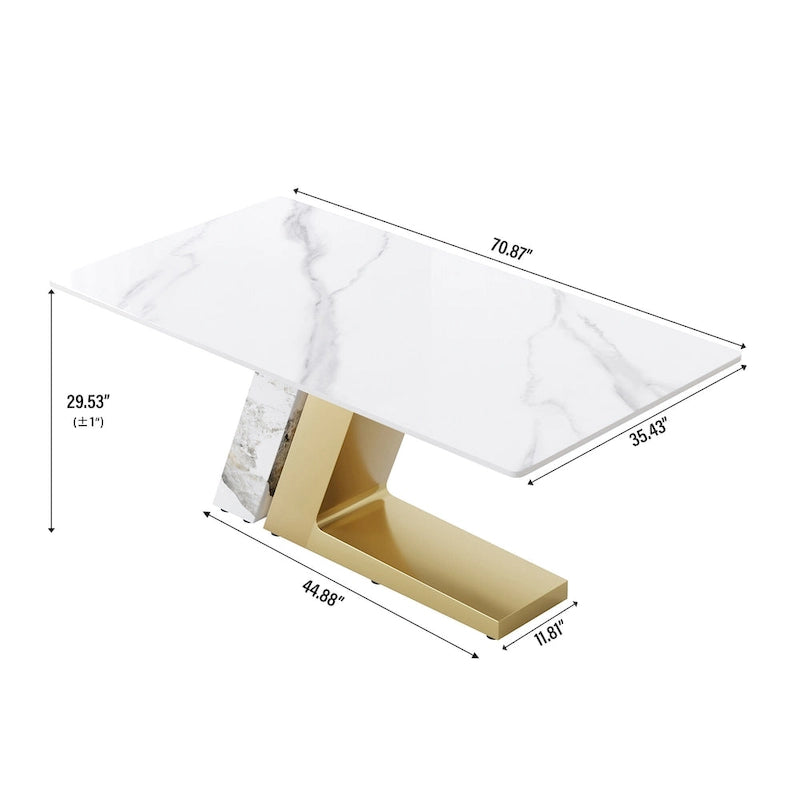 Modern Slate Kitchen Dining Table with White Rectangle Sintered Stone Top and Metal Legs -- 63/71/79