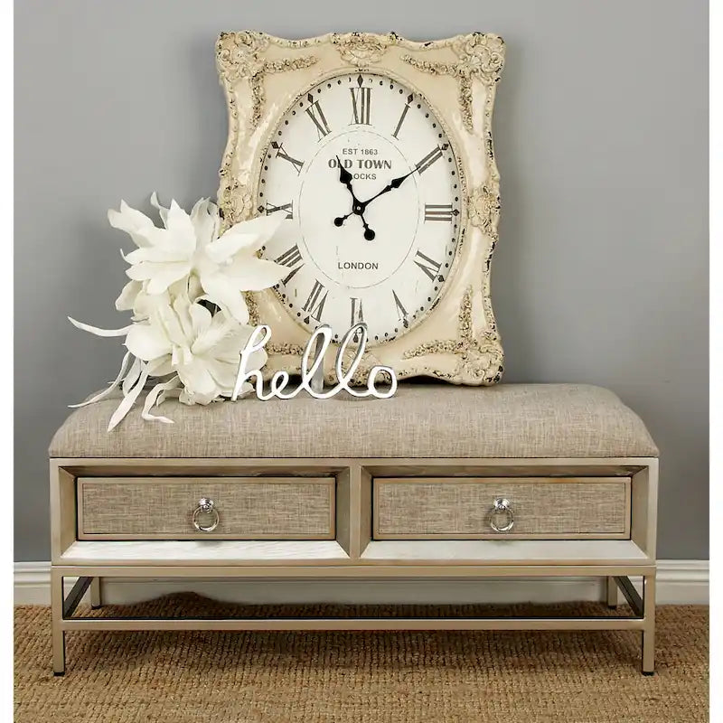 Linen Fabric Upholstered 2 Drawer Storage Bench with Tufted Seat and Ring Handles - Beige - Roche River Decor