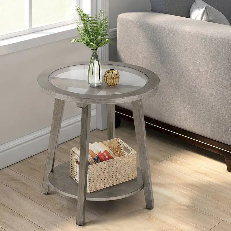 COSIEST 2-Tier Silver Round Glass Table for Living Room - 22 W x 22 D x 24H