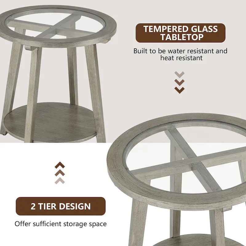 COSIEST 2-Tier Silver Round Glass Table for Living Room - 22 W x 22 D x 24H