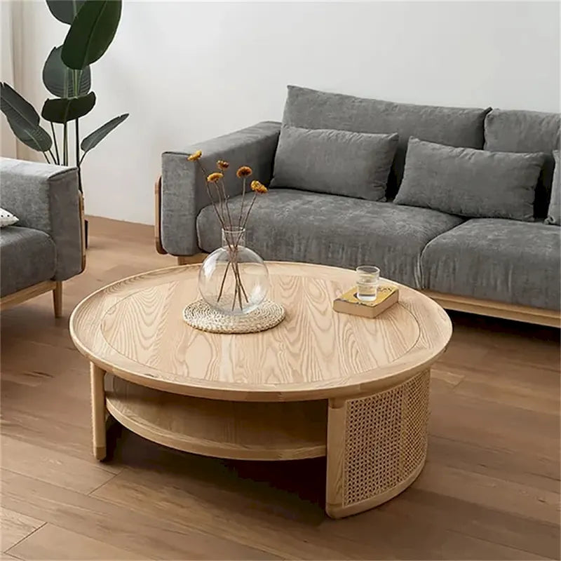 2-Tiered Round Wood Coffee Table with Rattan Base
