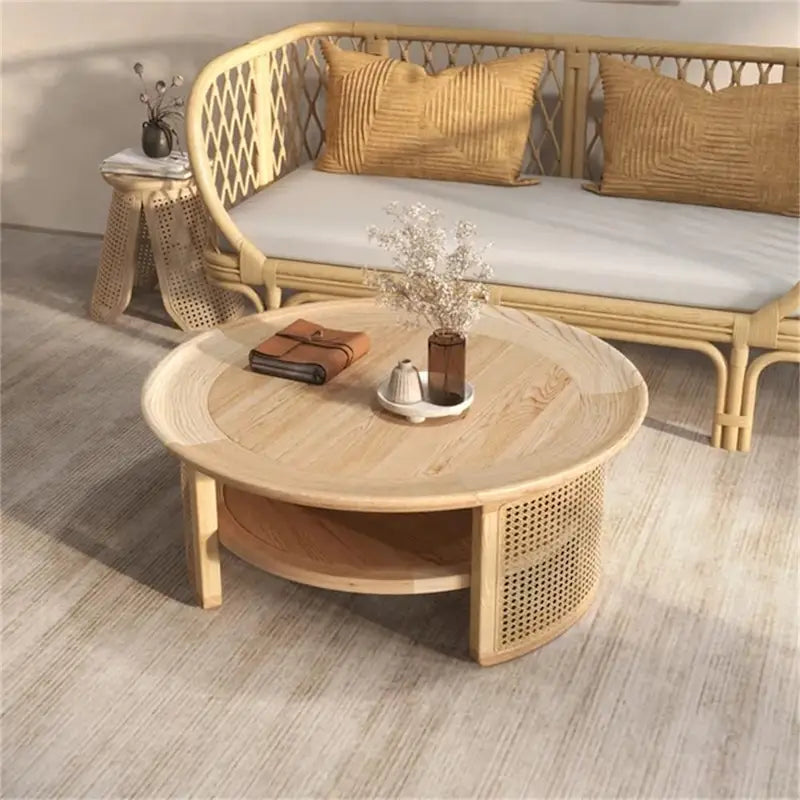 2-Tiered Round Wood Coffee Table with Rattan Base