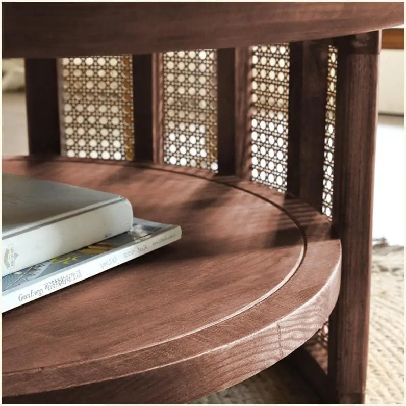 2-Tiered Round Wood Coffee Table with Rattan Base