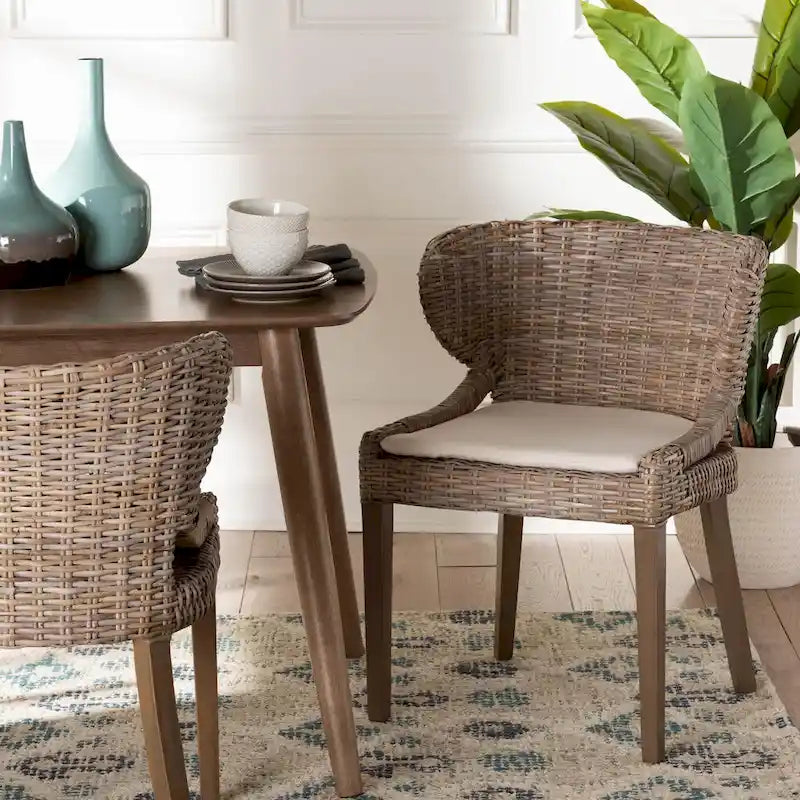 bali & pari Niesha Bohemian Grey Natural Kubu Rattan and Mahogany Wood Dining Chair