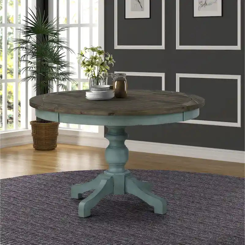 Roundhill Furniture Prato Round 2-tone Blue and Brown Wood Dining Table