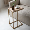 Distressed Wood C-Shaped End Table with Metal Base
