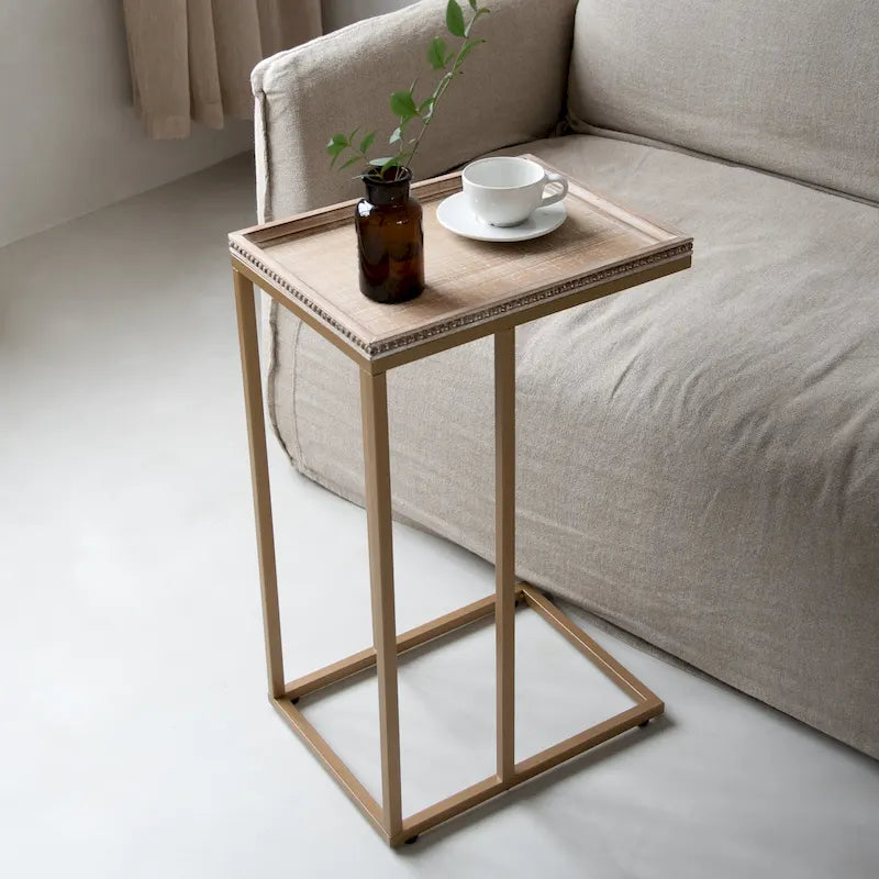 Distressed Wood C-Shaped End Table with Metal Base