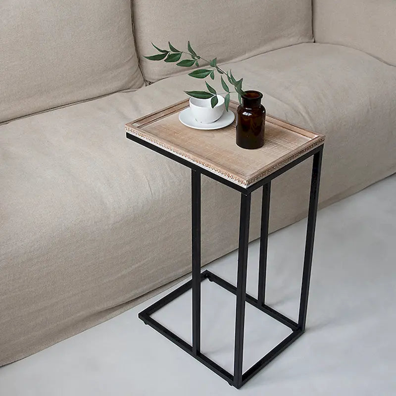 Distressed Wood C-Shaped End Table with Metal Base
