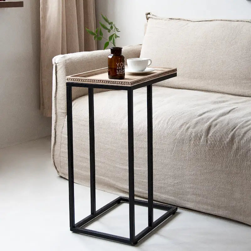 Distressed Wood C-Shaped End Table with Metal Base