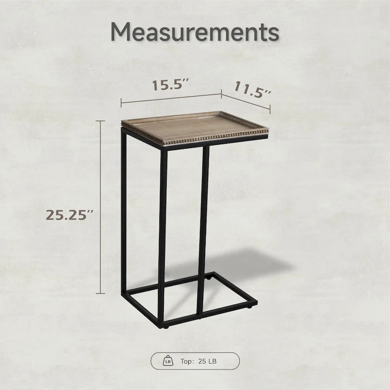 Distressed Wood C-Shaped End Table with Metal Base