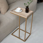Distressed Wood C-Shaped End Table with Metal Base
