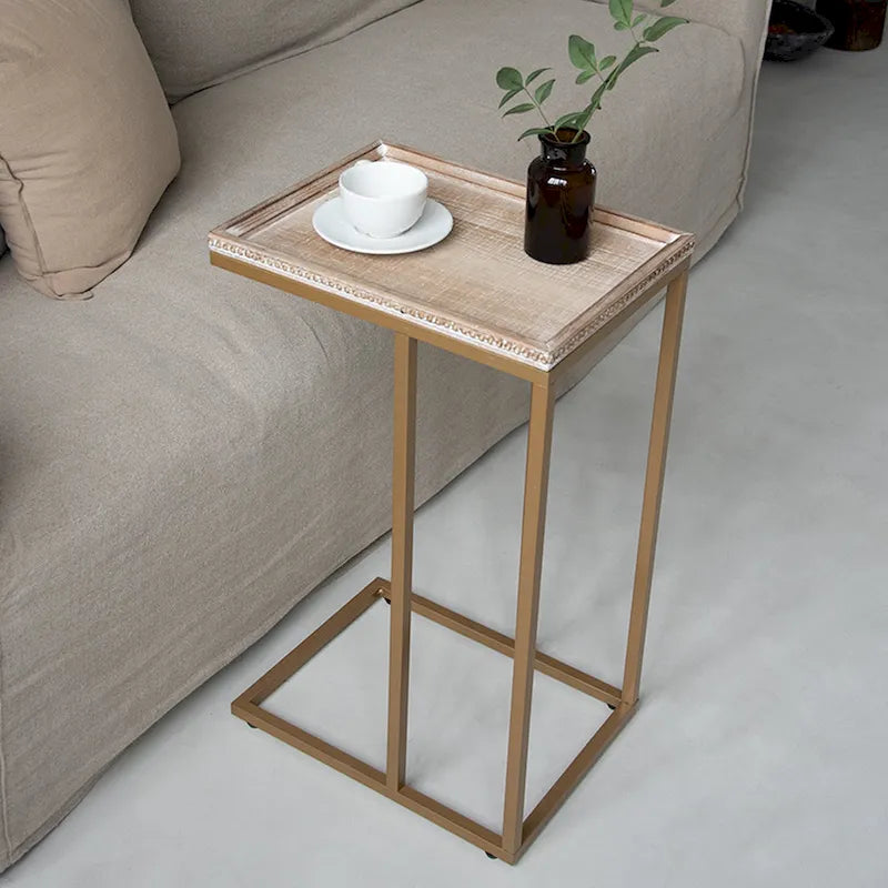 Distressed Wood C-Shaped End Table with Metal Base