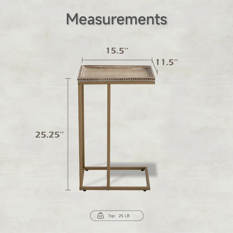 Distressed Wood C-Shaped End Table with Metal Base