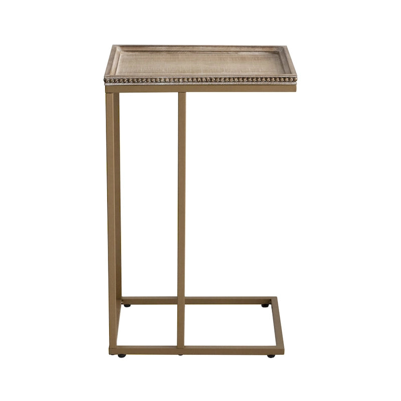 Distressed Wood C-Shaped End Table with Metal Base