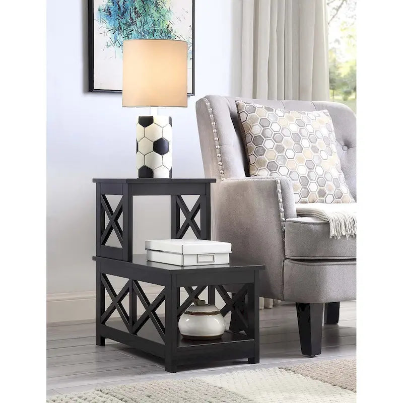 2-Tier L-Shaped End Table with X-Frame Design