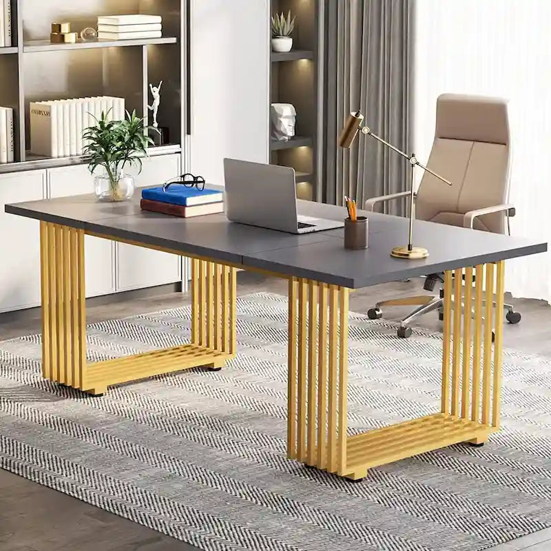 70.9" White Gold Office Desk for Home and Office