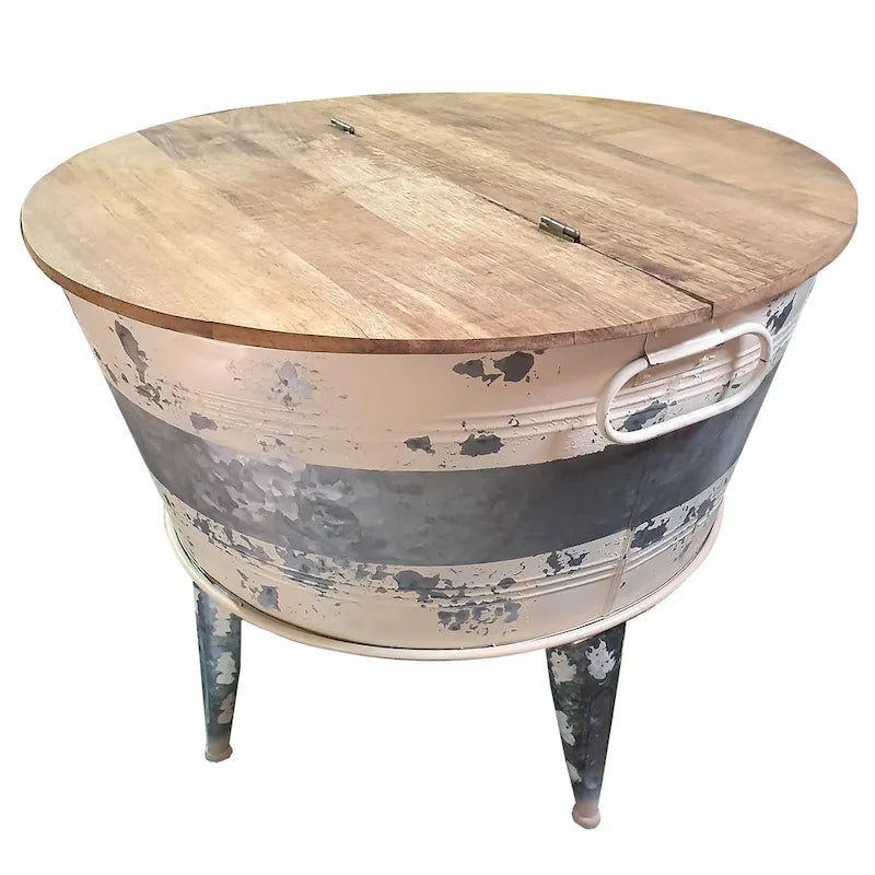 26 inch Accent Round Cocktail Table, Tub Like Iron Base, Brown, Gray, Washed White