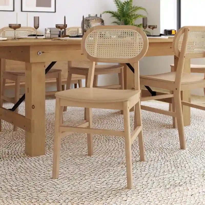 Woven Back Wood Framed Cane Rattan Chairs with Wood Seats - 2 Pack